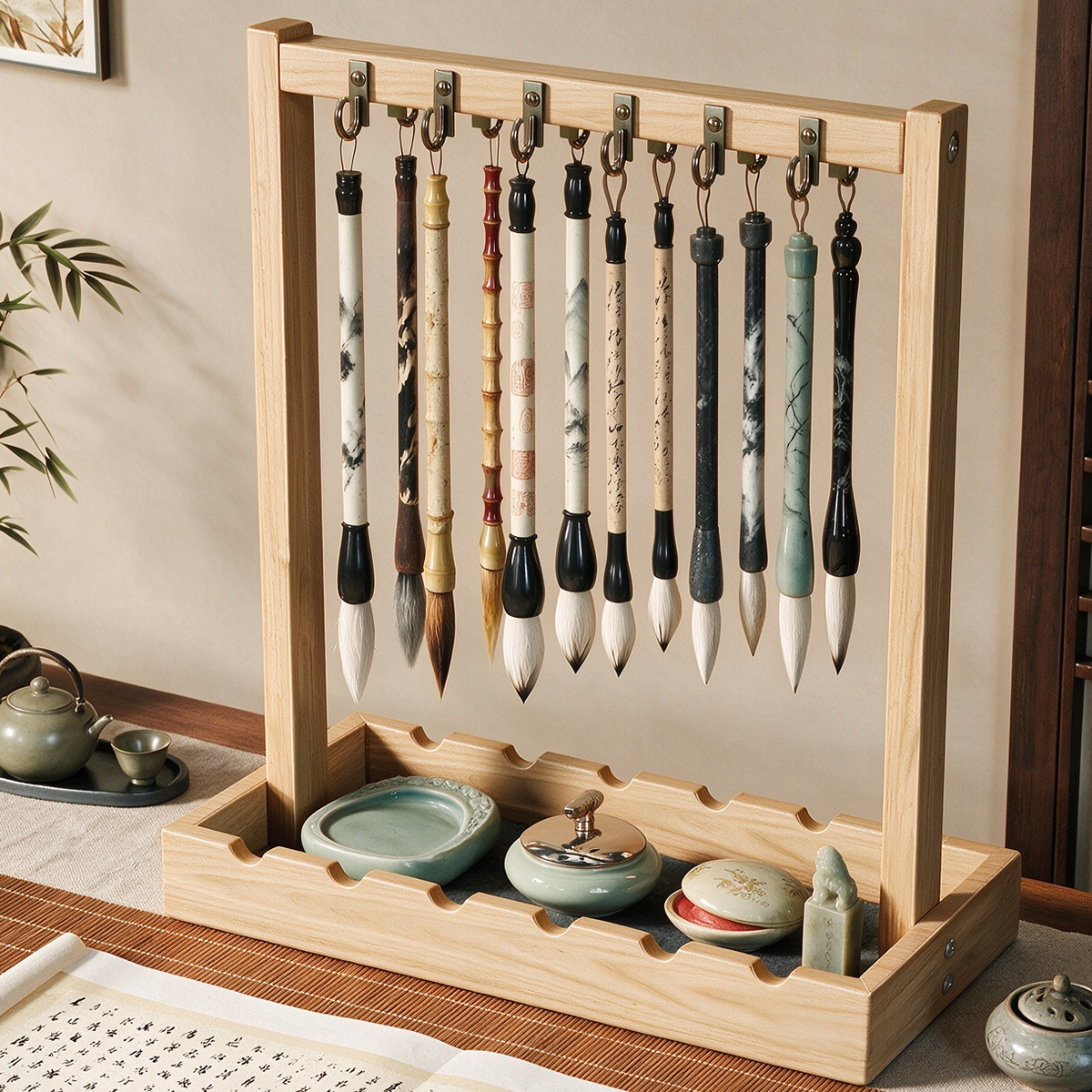 Desktop brush storage rack, Chinese retro solid wood hanging brush holder, student calligraphy four treasures display pen stand