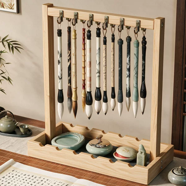 Desktop brush storage rack, Chinese retro solid wood hanging brush holder, student calligraphy four treasures display pen stand