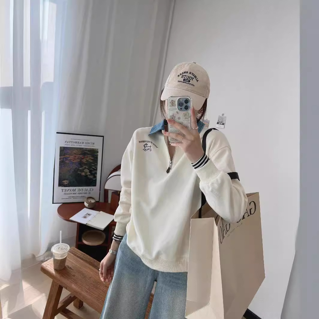24 years new female puppy cartoon embroidered half zipper contrast color Denim lapel sweater college style slimming long sleeve