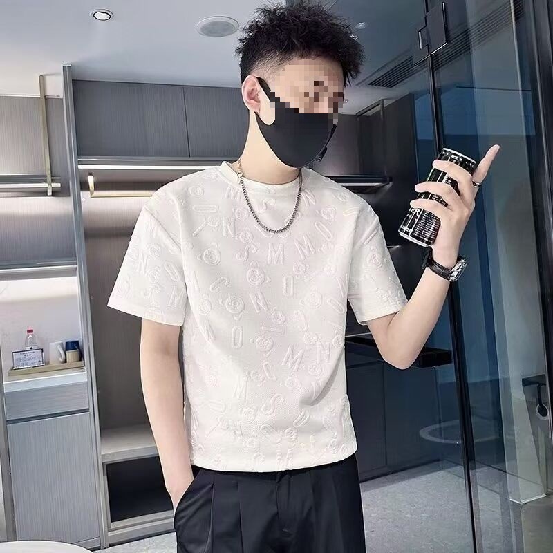 新しいジャカード半袖Tシャツメンズ2025夏トレンディハンサムイン多用途ルーズテクスチャードラウンドネックハーフスリーブ|undefined