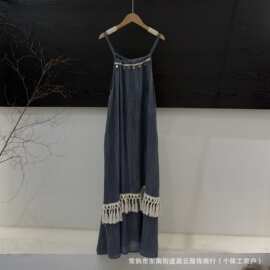 中长款苎麻连衣裙女2026夏季新款文艺复古肌理麻吊带杉长裙女