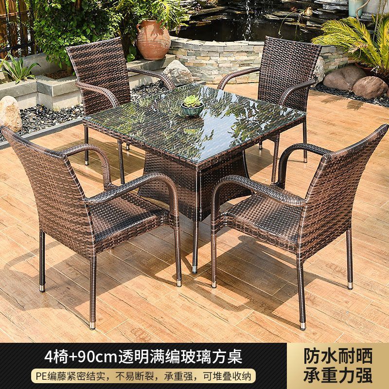 (프리쿠션) 의자 4개 + 90cm 투명 완전 직조 사각 테이블