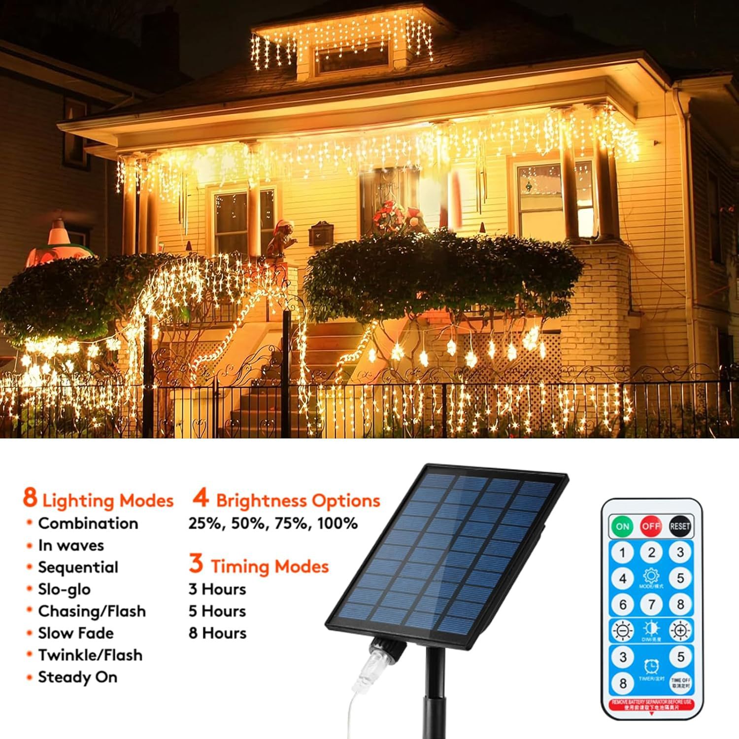 Guirnaldas de luces solares con control remoto, luces LED de hadas para exteriores, impermeables, luces de cascada de cielo estrellado para vacaciones, luces decorativas de tira de hielo