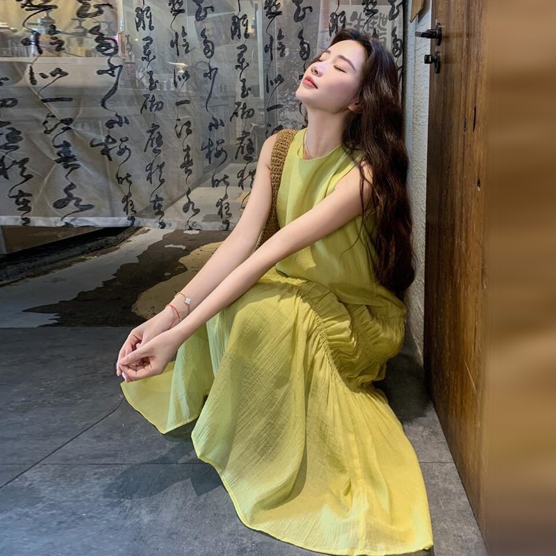 法式海边度假绿色背心吊带连衣裙子女夏季2025新款小个子气质长裙|undefined