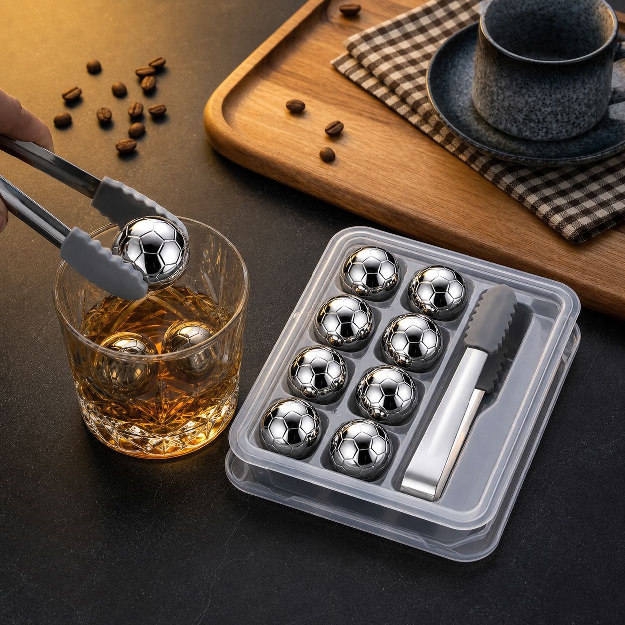 Football-shaped stainless steel ice cubes 304 food-grade quick-freezing ice stones set for red wine and whiskey metal ice cubes