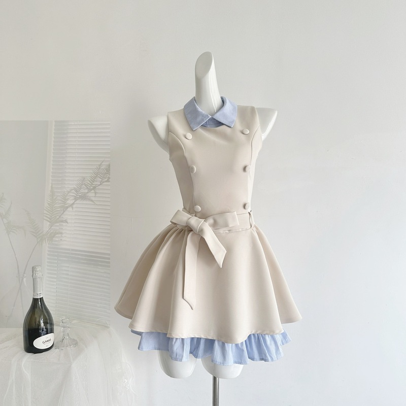 "Xinxing" Summer French-Style Elegant Double-Breasted Dress for Women, Summer Waist-Cinching Slimming Tie Dress, Puffy Skirt