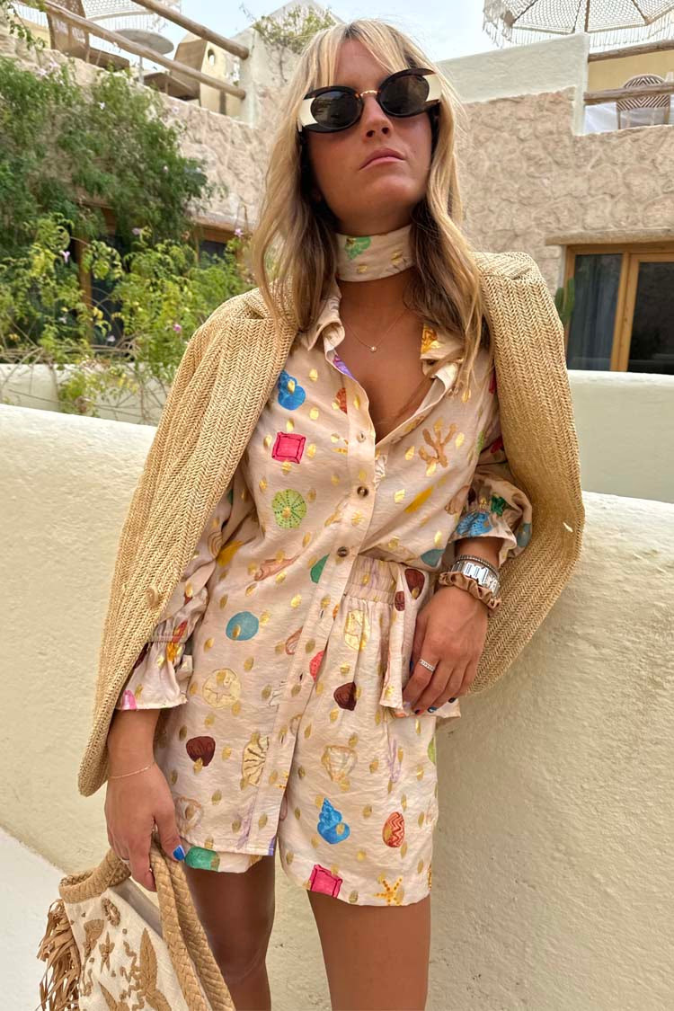 Turndown Neckline Holiday Beach Women's Casual Vacation Conch Linen Polyester Shorts Co-ord Set Shorts Sets