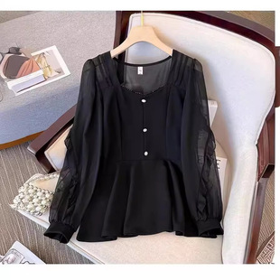 Plus size women's fashion shirt 2024 spring new style fat sister belly covering age reducing chiffon ruffle sleeve shirt 9585