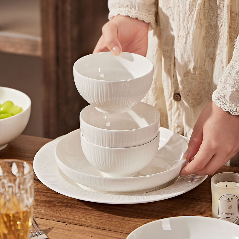 Pure White Ceramic Tableware 2024 New Scandinavian Embossed Bowl and Plate Set Household Tableware Factory Marigold Series