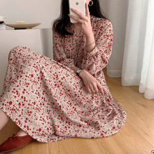 莉之绮 碎花连衣裙春秋新款V领抽绳收腰宽松韩版雪纺裙女910073