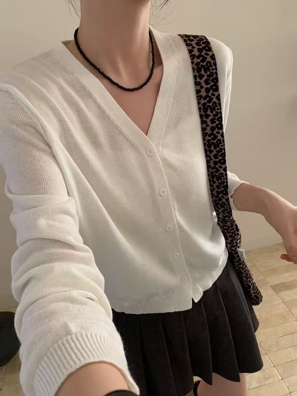 韩系V领毛针织开衫女早秋穿搭新款长袖显瘦休闲毛衣短款薄款上衣|undefined
