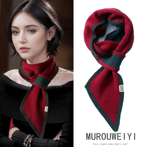 Korean style knitted cross small scarf, versatile winter black and white streamers, warm and windproof, cervical vertebrae scarf for sale