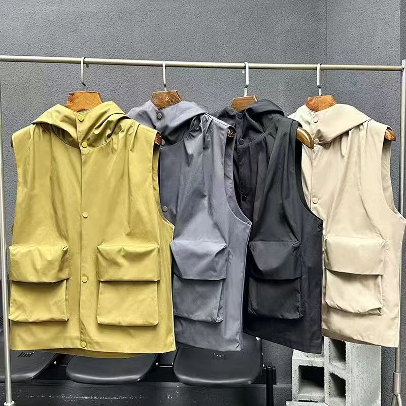 Trendy Brand Tooling Hooded Vest Jacket Jacket Men's Spring and Autumn Korean Style Fashionable Large Pocket Design Sense Outer Wearing Vest