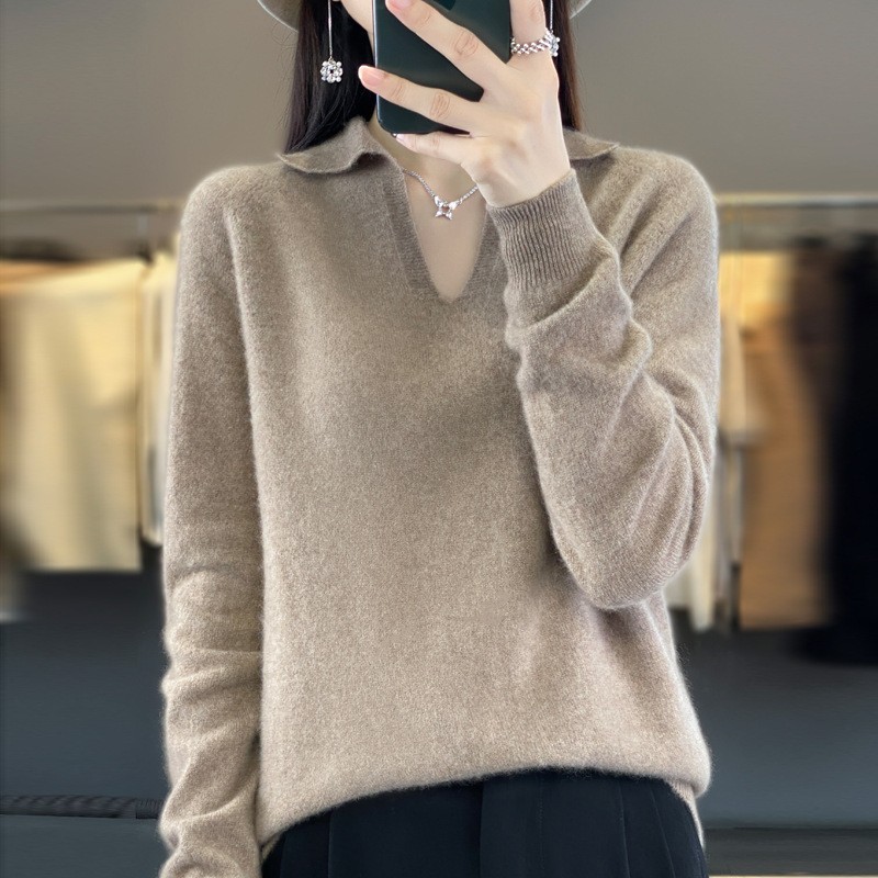 秋冬新款无缝羊毛衫女气质V领内搭针织打底翻领宽松Polo领毛衣|undefined