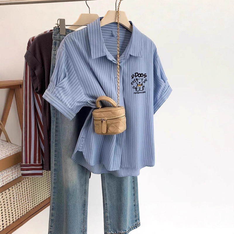 Blue Puppy Right Shoulder Short-Sleeved Shirt for Women Summer 2025 New Popular French Loose Top Polo Collar Top