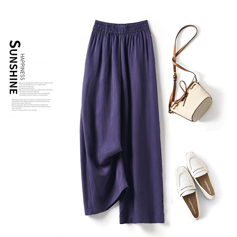 Royal Blue Copper Ammonia Fiber Cropped Wide-Leg Pants for Women, 2026 Summer Thin Casual Elastic Waist Loose Pants for Petite Figures
