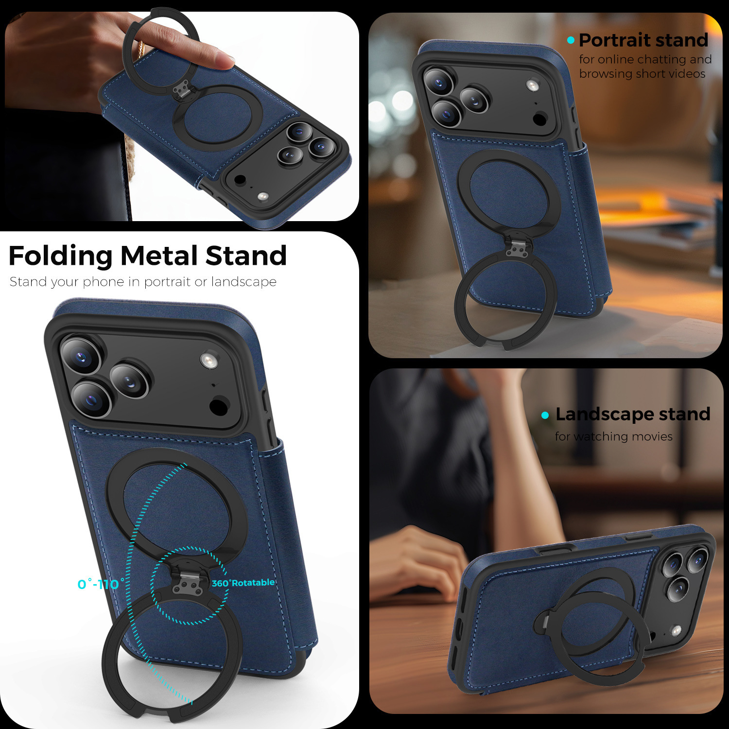 Ốp lưng da lật iPhone 16 Pro Max xoay 360 độ tích hợp giá đỡ từ tính — màu đen, màu xanh hoàng gia, Màu nâu, xám chi tiết 18