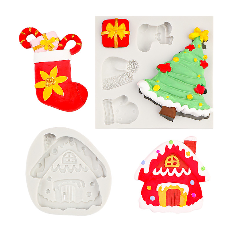 Serie de Navidad Molde de silicona Árbol de navidad Calcetines de casa de nieve Cake de chocolate de fondant Molde de pegatina de refrigerador de goteo