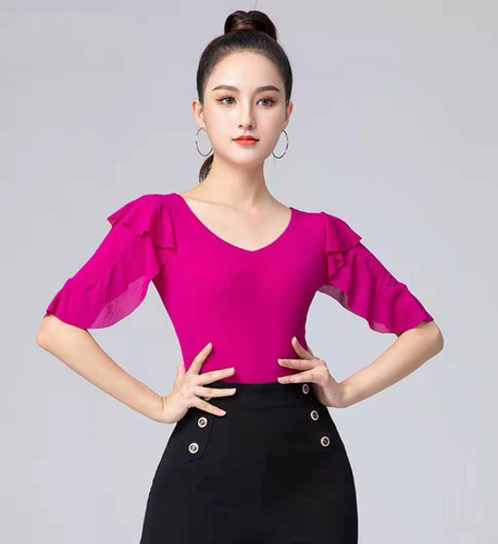 Modern dance tops for women new Latin dance ruffled mid-sleeve ballroom dance tops practice clothes one-piece dance clothes