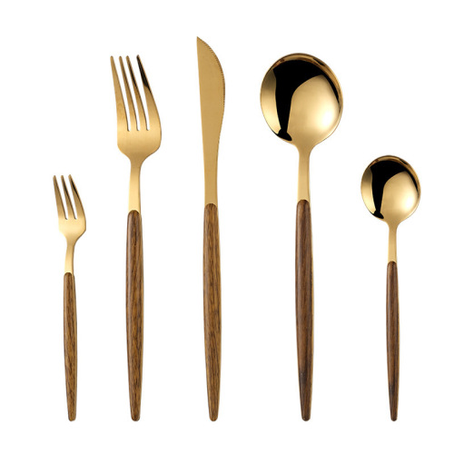 Amazon Imitation Wooden Handle Stainless Steel Steak Knife and Fork Retro Portuguese Western Food Tableware Set Dessert Spoon and Fork