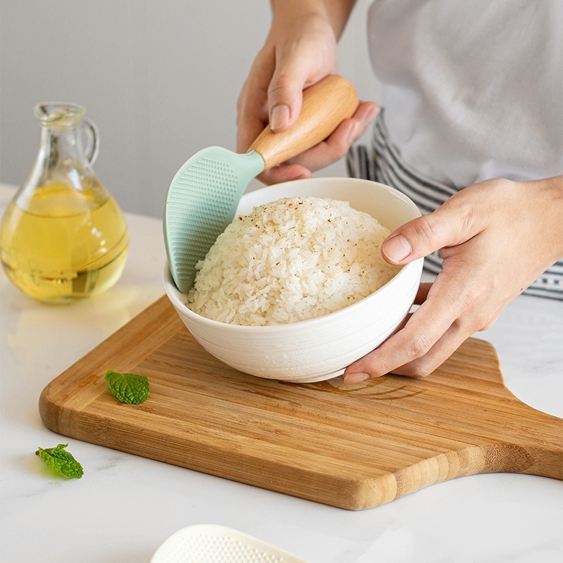 食品グレードのシリコンしゃもじ、垂直ノンスティックしゃもじ、見栄えの良いしゃもじ、木製ハンドル、滑り止めしゃもじ|undefined