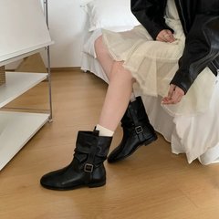 BULAGE女靴复古骑士靴女秋显瘦百搭美拉德绒面短靴黑色低跟中筒靴