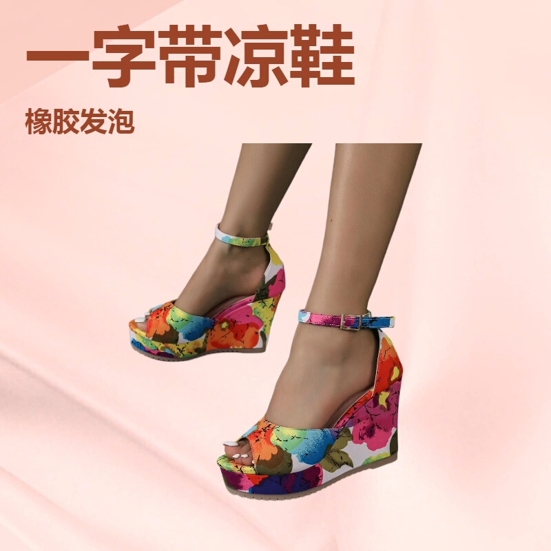 2025 Summer New Style Peep-Toe Wedge Thick-Soled Bow High-Heeled Lace-Up Floral Ethnic Versatile Beach Chunky Heel