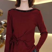 设计感绑带洋气烫钻小衫T恤秋冬季新款长袖妈妈装纯色百搭打底衣