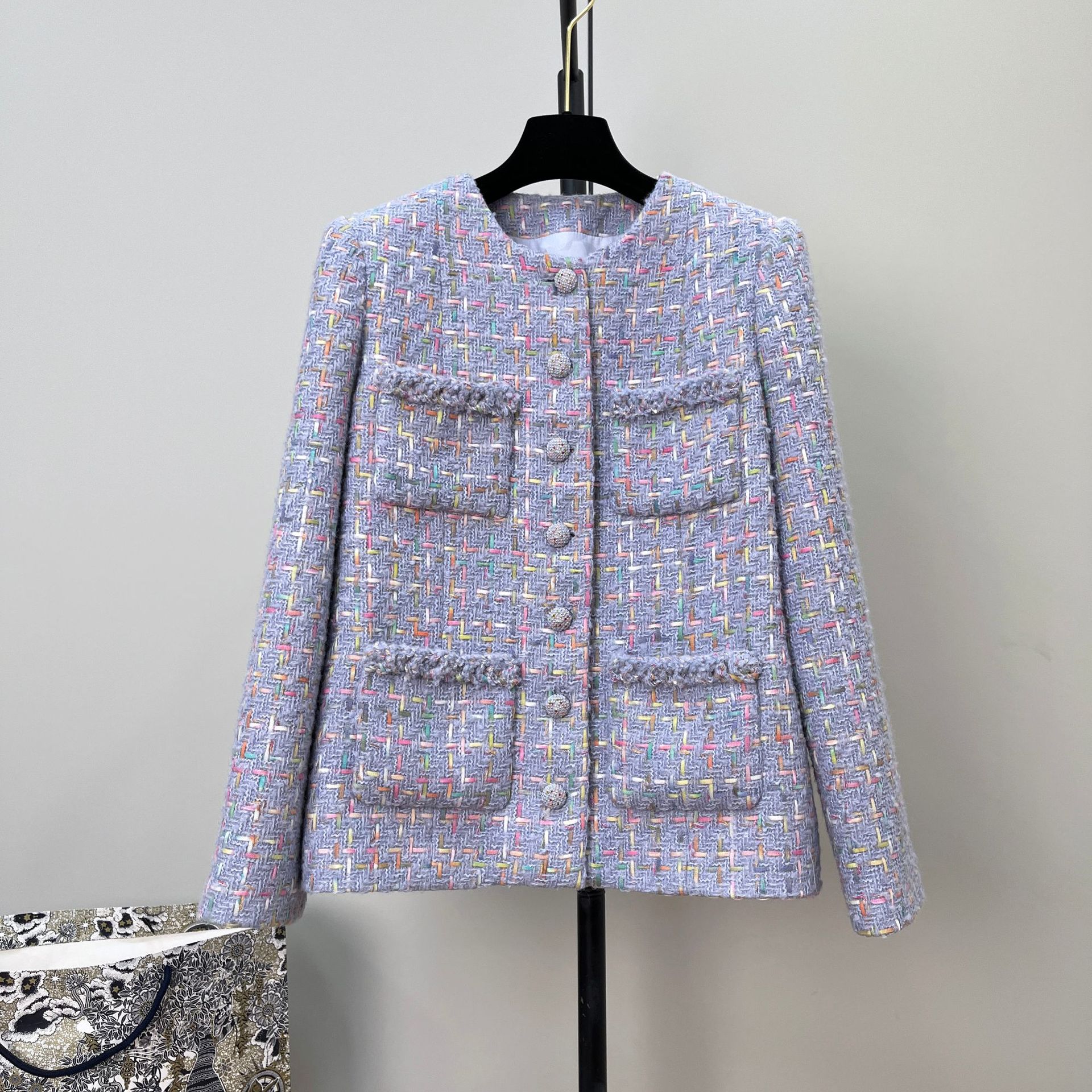 Chanel-Style Purple Tweed Jacket for Women with Colorful Woven Straps, 4 Pockets, Elegant and Stylish Coarse-Woven Cardigan Top