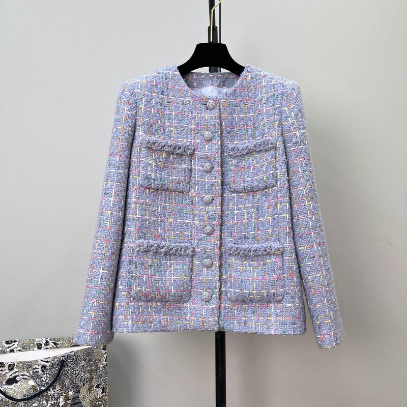 Chanel-Style Purple Tweed Jacket for Women with Colorful Woven Straps, 4 Pockets, Elegant and Stylish Coarse-Woven Cardigan Top Chanel-Style Purple Tweed Jacket for Women with Colorful Woven Straps, 4 Pockets, Elegant and Stylish Coarse-Woven Cardigan Top