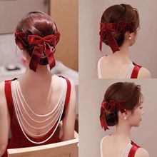新款酒红色蝴蝶结发夹套装纯色红丝绒新娘敬酒服头饰影楼礼服发饰