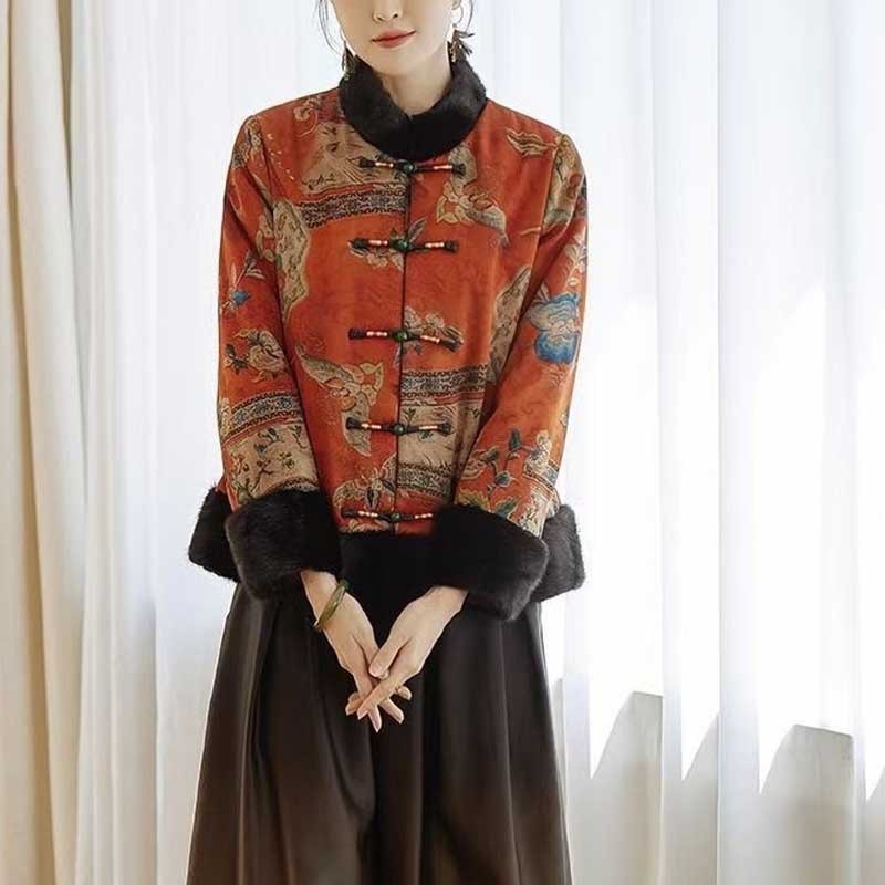 新中式香云纱棉衣女短款2025年秋冬高档贵妇人拼接水貂毛国风棉服