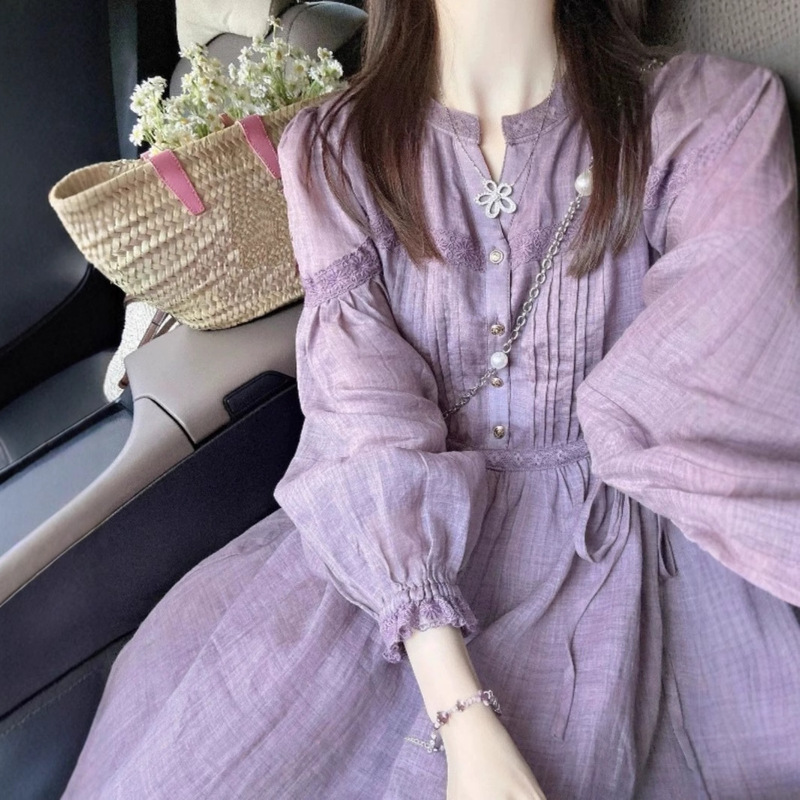 Purple Long-Sleeved Dress for Women 2025 New Autumn Style French Retro High-End Style Elegant Long Dress for Petite Women Purple Long-Sleeved Dress for Women 2025 New Autumn Style French Retro High-End Style Elegant Long Dress for Petite Women