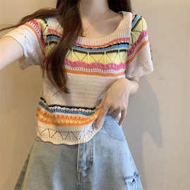 短款百搭方圆领甜美短袖T恤女夏季新款显瘦薄针织衫遮肚镂空上衣