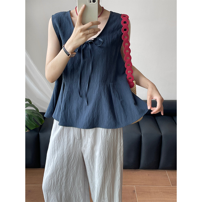 [Year-End Benefits Are Non-Refundable] Korean-Style V-Neck Tie-Up Blouse for Women, Versatile and Sleeveless Top 2765