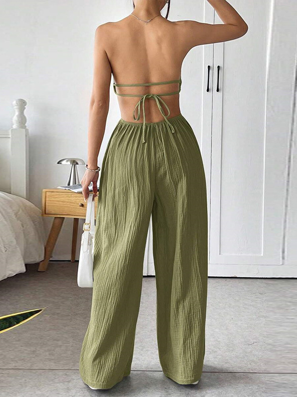 ヨーロッパとアメリカのクロスボーダーファッション気質カジュアル気質Lv服婦人服無地チューブトップウエストワイドレッグパンツ|undefined
