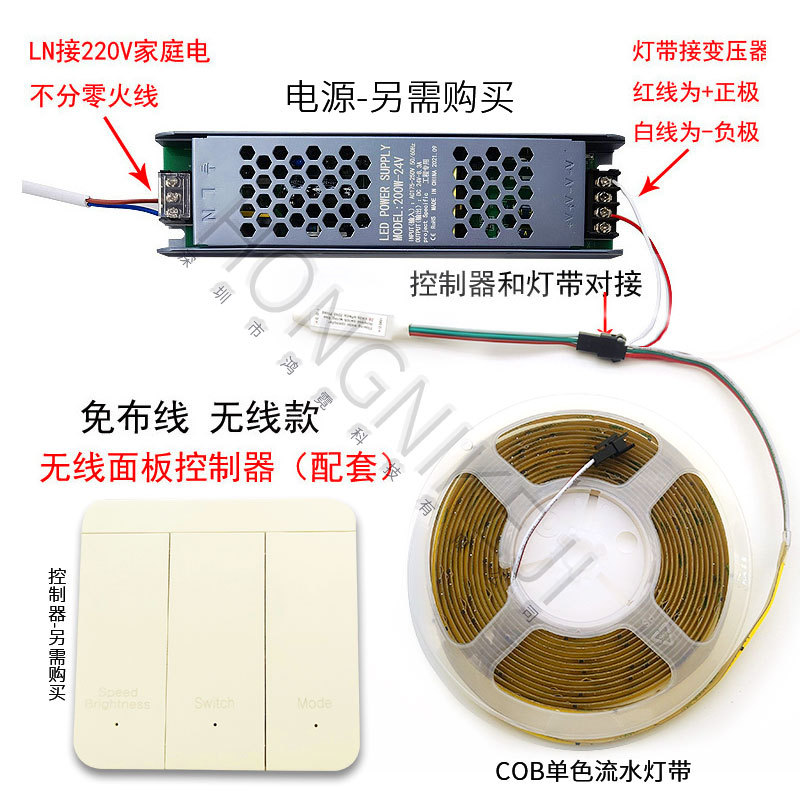 Correa de luz de flujo cob 24v persecución de la luz, carrera de caballos, monocromo, tres colores, alta pantalla, luz lineal de techo autoadhesiva de alto brillo para el hogar