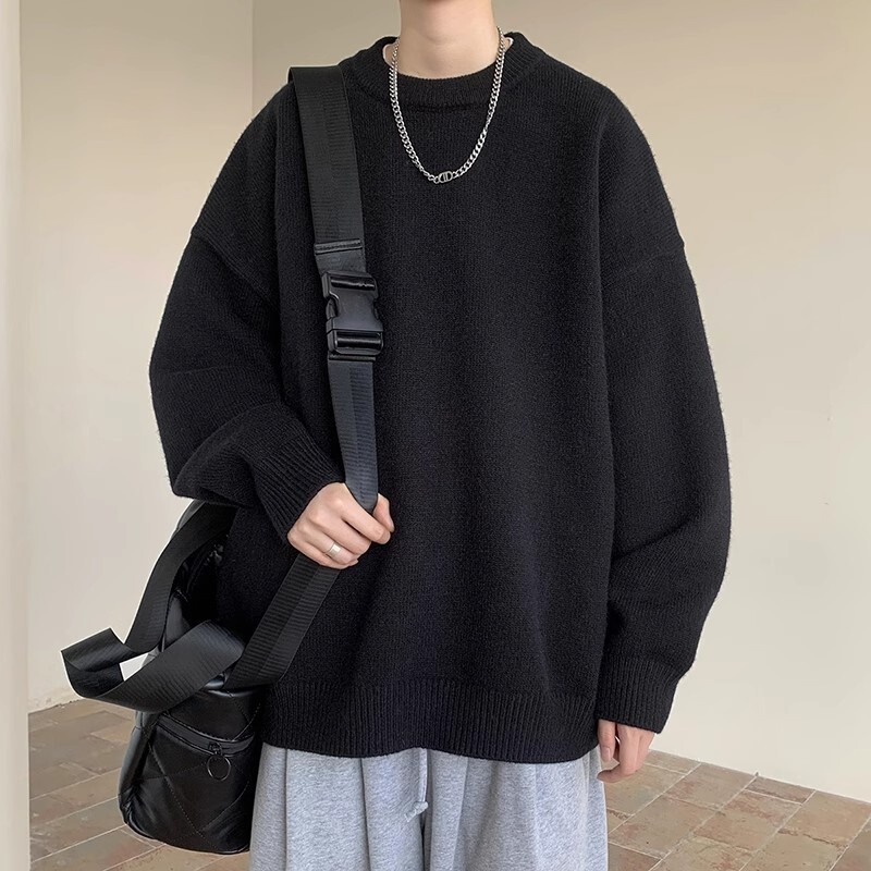 Pure Black Sweater Men's Winter 2024 New Pullover Sweater American Style Laid-back Loose Round Neck Jacket