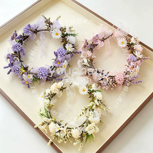 Forest-style hydrangea and daisy artificial dried flower wreath for bridal photoshoot, seaside vacation photo shoot, headband, wedding bridesmaid accessory