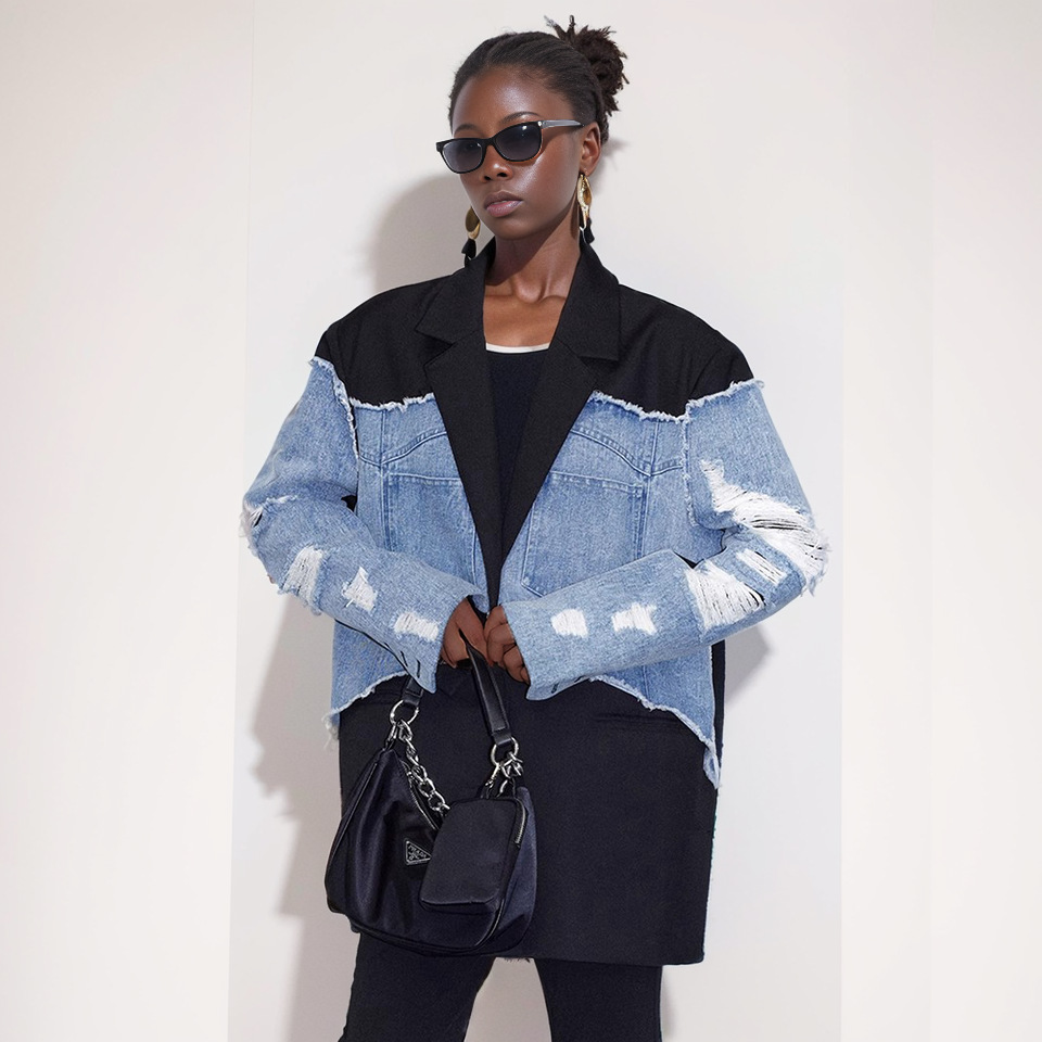 Raw Edge Ripped Design Casual Small Suit Blue and Black Contrasting Color Splicing Suit Loose Denim Jacket Women's Spring New Style