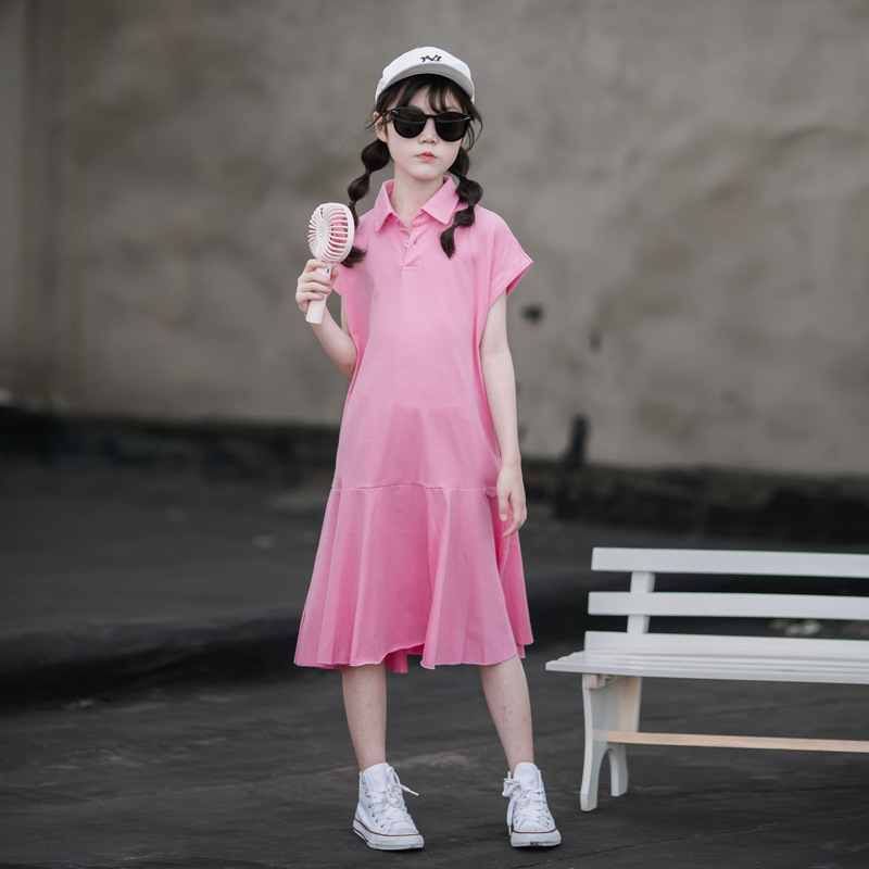Vestido de las muchachas estilo preppy falda Polo solapa 2023 verano nuevos niños ropa mediana y grande casual manga corta mujeres