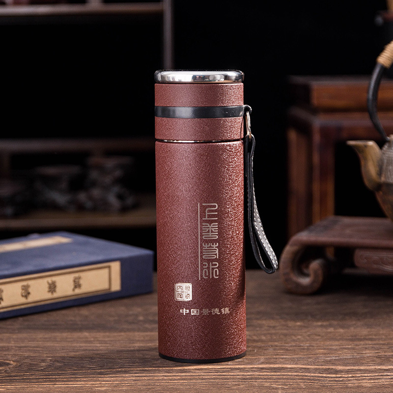 景德镇陶瓷保温杯陶瓷内胆养生男士手提商务茶水分离不锈钢直身杯