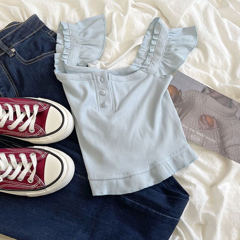 超仙甜妹奶蓝色花边性感方领T恤女夏季新款设计感短款小飞袖上衣