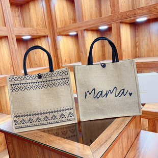 Explosive foreign trade cross-border retro handbag natural color linen simple shopping bag coarse hemp jute fashion