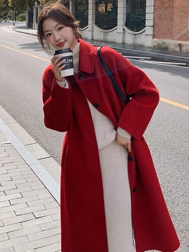 Korean Women's New Autumn and Winter Yellow Placket Double-Faced Woolen Coat Thick Medium-Length Wool Outerwear