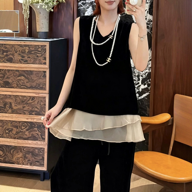 Designed to Be Worn Front and Back, Double-Layer Organza Spliced with Silk Velvet Sleeveless Top, 2026 Summer Stylish Casual Shirt