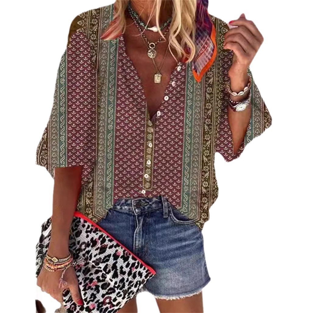 Women's Retro Fashion Stand Collar Loose Button Printed Casual Shirt