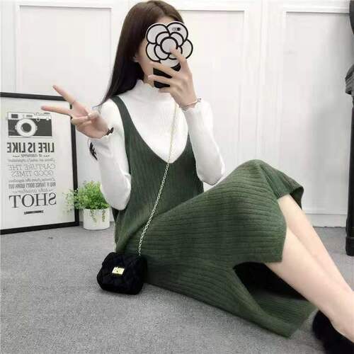 Korean Loose Hooded Sleeveless V-neck Medium-length Knit Cardigan Sweater Tank Top Belted Dress Women