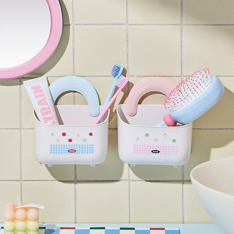 Polka Dot Wall-Mounted Storage Rack Student Dormitory Toothpaste Toothbrush Storage Tube Home Bathroom Punch-Free Debris Storage Rack