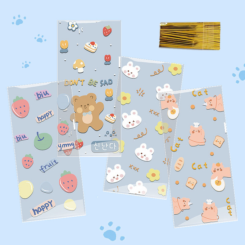 50个新款草莓小熊小兔图案OPP糖果袋派对伴手礼品包装袋送金丝带